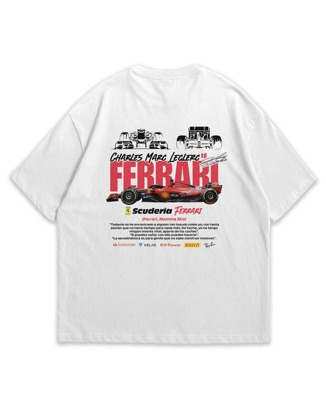 Bellbum Scuderia Ferrari Charles Leclerc Oversized T-Shirt – 240GSM French Terry Cotton, White, Unisex Formula 1 Streetwear