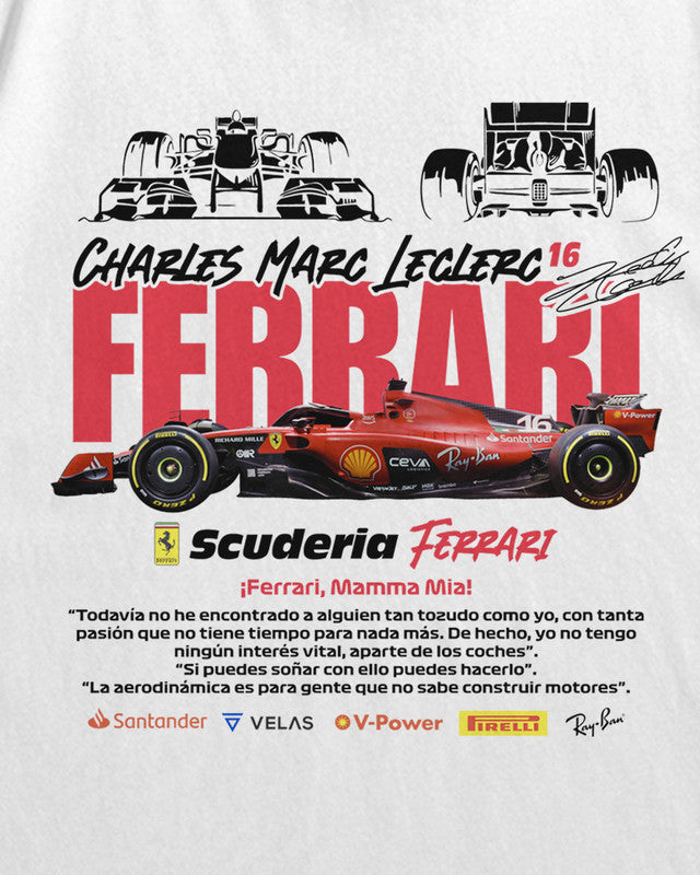 Bellbum Scuderia Ferrari Charles Leclerc Oversized T-Shirt – 240GSM French Terry Cotton, White, Unisex Formula 1 Streetwear