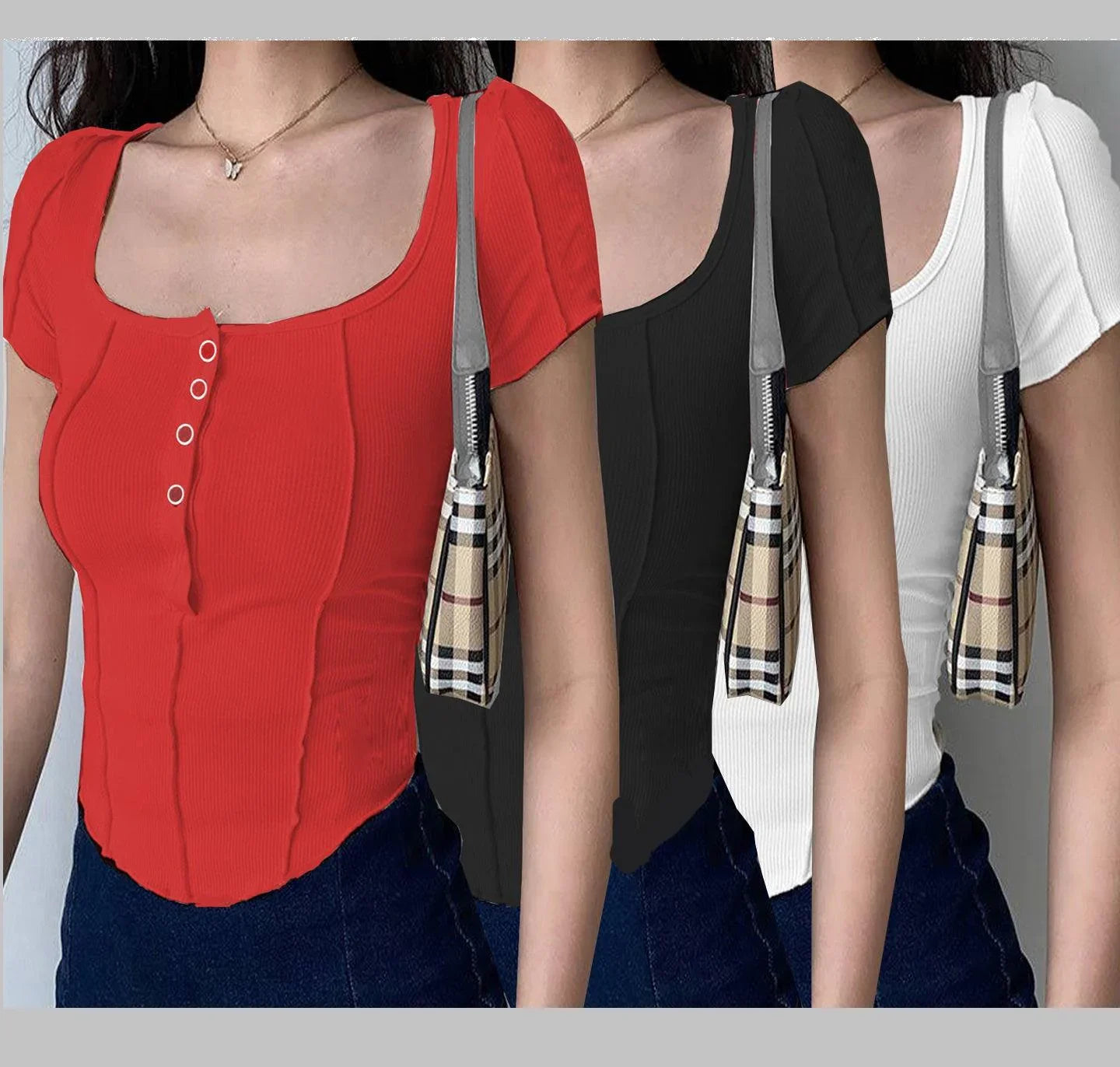 Limr Fashion pack of 3 women new design button down crop top - Bellbum
